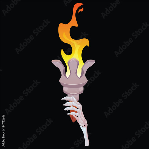 Medieval wooden torch with burning fire in skeleton hand, vector cartoon game creepy ancient flambeau, Halloween corpse