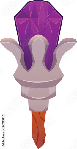 Magic wand, wooden stick, stone with crystal, vector cartoon wizard rod, witch scepter with glow gem, game fantasy torch