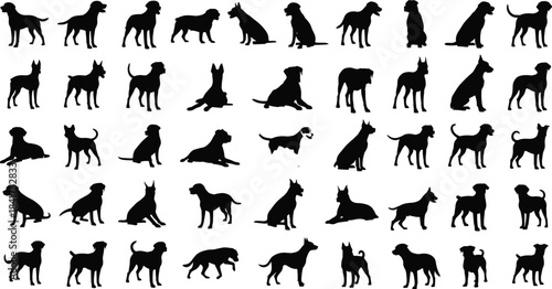 Dog Breeds Silhouettes Set of Black Vector Icons in Various Poses, Standing, Sitting, and Lying Down Collection for Pet and Animal Graphics