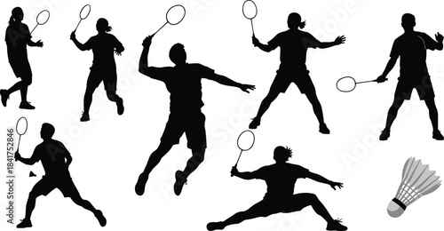Dynamic black silhouette vector set of male and female badminton players in various action poses, including jump smash, defense, and athletic movement, with a shuttlecock.