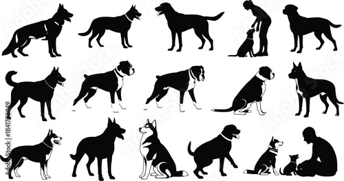Dog Breeds Silhouette Vector Set: Black and White Illustration of Different Poses, Sizes, and Interactions for Animal and Pet-Themed Designs.Print