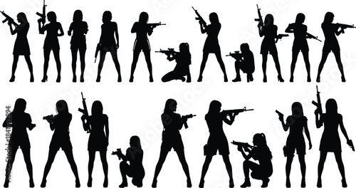 Female Soldier Silhouettes Set: Women with Assault Rifles and Handguns, Standing and Crouching, Action Vector Collection.