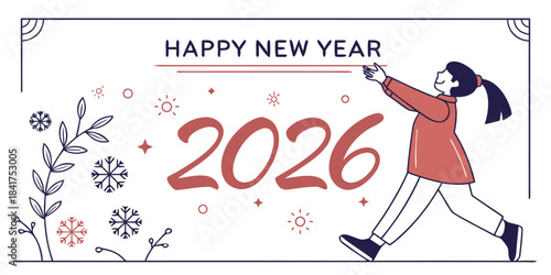 Happy new year 2026 celebration with a young woman and floral decorations