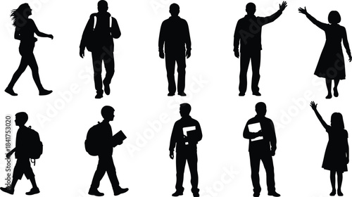 Students, Adults, and Children Silhouettes Set Walking, Standing, and Waving, Representing Education, Community, and People Group