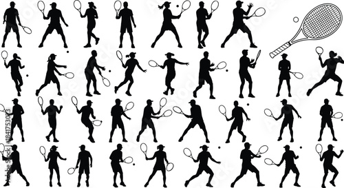 Tennis Player Silhouettes Set: Dynamic Vector Collection of Men and Women in Action Poses with Racquets and Balls