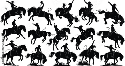 Wild West Rodeo Cowboys and Horse Riders Silhouettes Collection Vector Set: Action-Packed Equestrian Man Riding Bronco, Bull Riding, and Roping.