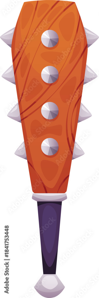 Obraz premium Cartoon mace medieval game weapon, vector ancient medieval battle tool warrior spiked mace, wooden club with iron thorns