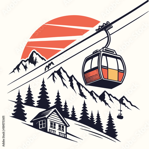 Cable car in snowy mountains with house