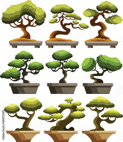 Collection of cartoon bonsai trees on isolated