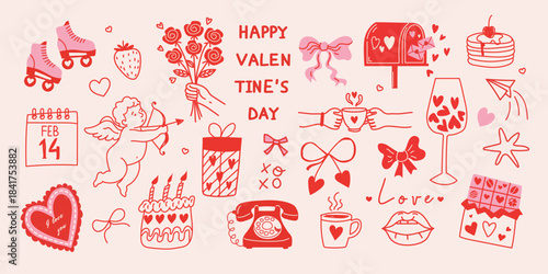 Hand drawn vintage Valentine’s Day elements set with cute bows, roller skates, cupid, hearts, ribbons, roses, cake and strawberries. Trendy doodle illustrations  for wedding invitation, birthday card.
