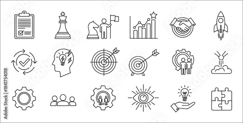 Collection of various business and innovation icons in line style isolated on