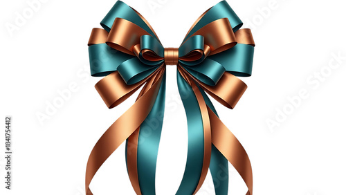 Elegant Teal and Gold Ribbon Bow with Long Tails Isolated on White