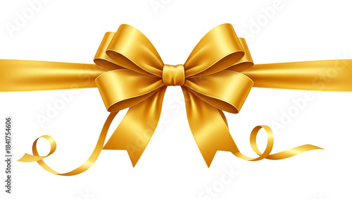Shiny Golden Satin Gift Bow with Ribbon Isolated on White Background
