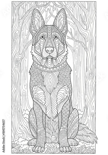 Surreal Dog Coloring Sheet Organic Patterns  Hand drawn Animal illustration with flowing organic swirls. Abstract decorative line art design on white background.
