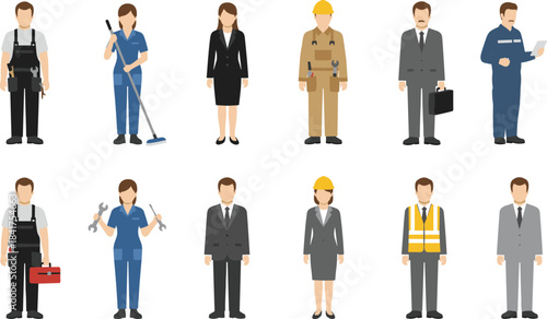 Professional people vector illustration set, diverse workforce characters representing various occupations and careers including maintenance, business, corporate, cleaning, and industrial workers,