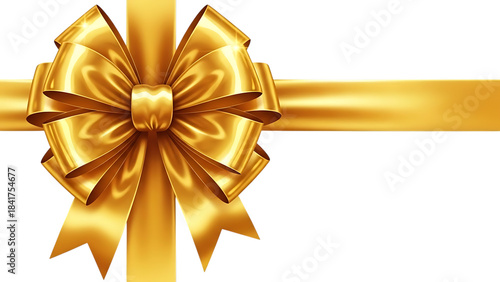 Shiny Gold Satin Gift Ribbon Bow Isolated on White Background