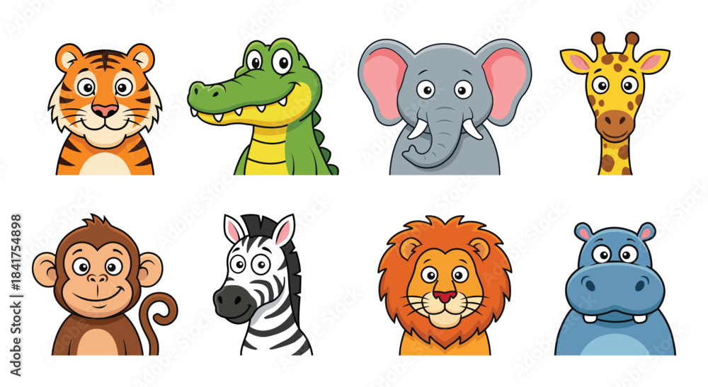 Naklejka premium Cute Safari Animal Faces Cartoon Vector Jungle Wildlife Icon Set