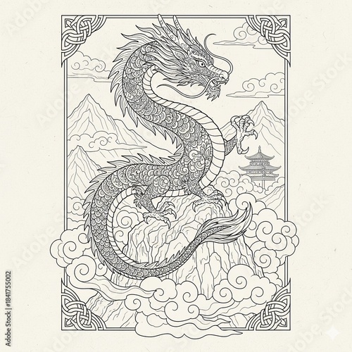 Majestic Dragon Adult Coloring Page Line Art Detailed fantasy dragon illustration for adults. Intricate black and white zentangle line art of a mythical creature for stress relief.