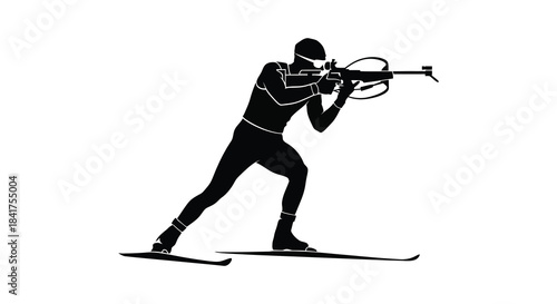 A dynamic image of a skier aiming with a rifle captured in a striking black silhouette