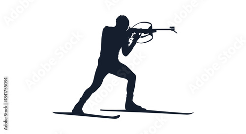 A dynamic illustration of a cross country skier aiming with a rifle portrayed as a silhouette