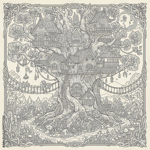 Magical Fantasy Treehouse Adult Coloring Page
Woodland Detailed fairy tale treehouse illustration for adults. Intricate black and white zentangle line art of a magical forest dwelling for stress