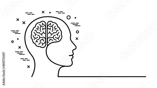 A black line drawing of a human head with brain and thought symbols