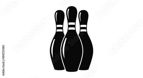 A simple illustration depicting three black bowling pins standing upright a dark silhouette