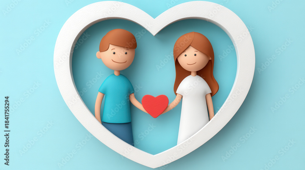 Fototapeta premium Cute valentine's papercut couple holding heart romantic love scene colourful wedding concept heartfelt gift idea