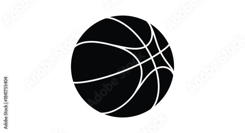 A striking black and white graphic of a basketball with defined lines a bold silhouette