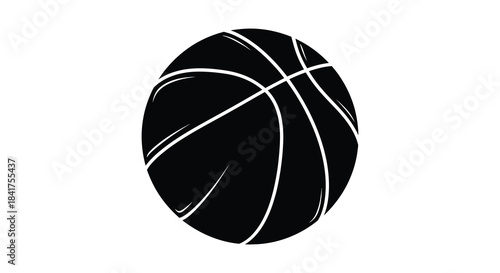A striking black and white illustration of a basketball with visible texture a bold silhouette