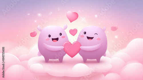 Cute cartoon lovers holding heart in colorful clouds for romantic valentine's gift
