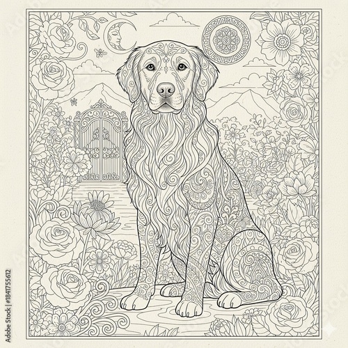 Surreal Dog Coloring Sheet Organic Patterns  Hand drawn Animal illustration with flowing organic swirls. Abstract decorative line art design on white background.
