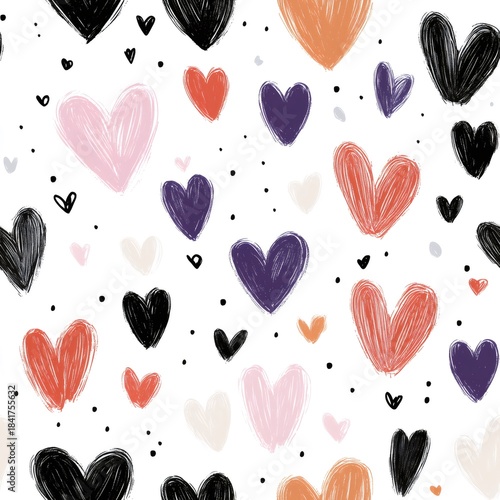 Colorful hand drawn hearts seamless pattern creating a romantic backdrop