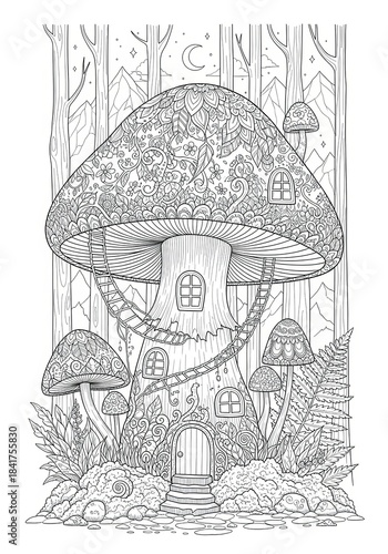 Surreal Mushroom/Forest  Coloring Sheet Organic Patterns  Hand drawn Mushroom illustration with flowing organic swirls. Abstract decorative line art design on white background.