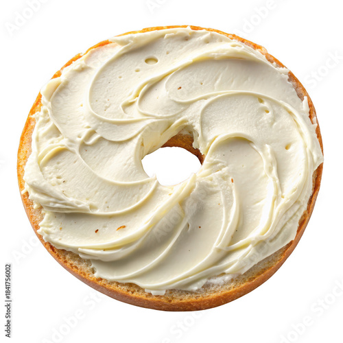 Delicious plain bagel generously spread with creamy cream cheese isolated on transparent background