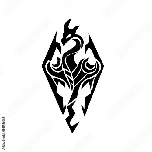 Iconic black dragon silhouette set within a striking, symmetric diamond-shaped frame, featuring sharp angles and scales, representing power and empire.