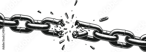 Black and White Engraving Style Metal Chain Link Breaking Under Extreme Force Isolated on Transparent Background