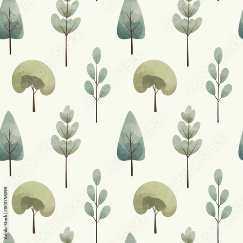 Seamless pattern with pastel nordic trees. Watercolor forest background for nature design. Gentle woodland