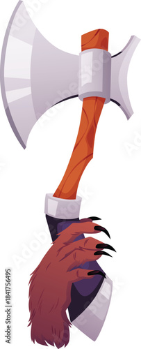 Cartoon axe weapon in monsters hand, vector game old weapon equipment, ancient warrior ammunition tool or hunter hatchet