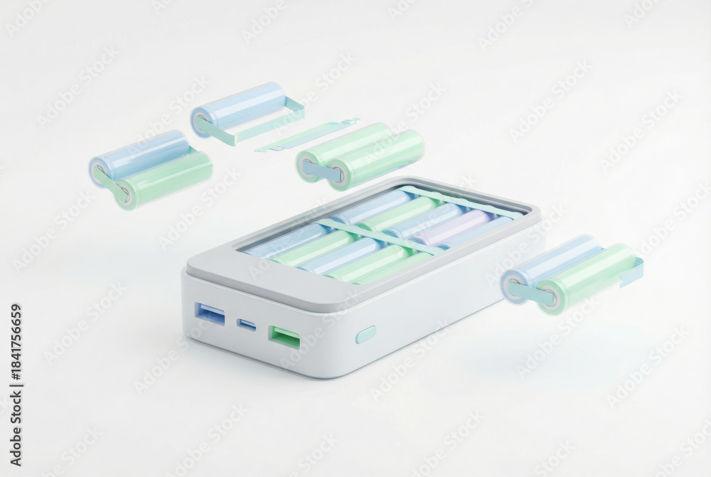 Fototapeta premium Battery charger with pastel batteries on white background