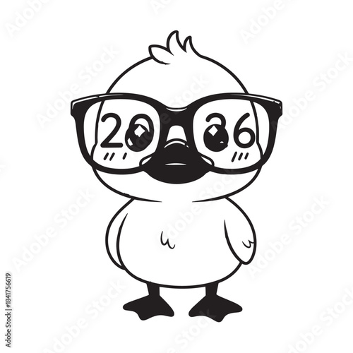 Playful black and white cartoon duckling wearing glasses, a charming whimsical animal illustration.