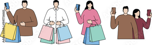 Shopping consumers vector illustration set, people holding shopping bags and smartphones, representing online commerce, retail therapy, weekend leisure, and modern consumerism concepts, flat design.