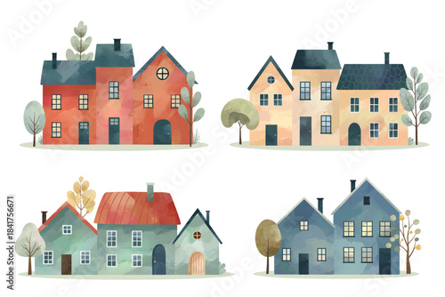 Nordic homes. Set of watercolor scandinavian houses. Cute childish buildings and trees. Cozy village mood.