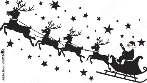 Silhouette of Santa Claus riding his sleigh pulled by reindeer across a starry night sky background