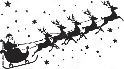 Silhouette of Santa Claus driving his sleigh pulled by reindeer across a starry winter night sky