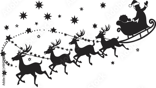 Silhouette of Santa Claus sleigh pulled by reindeer flying across a starry winter night sky