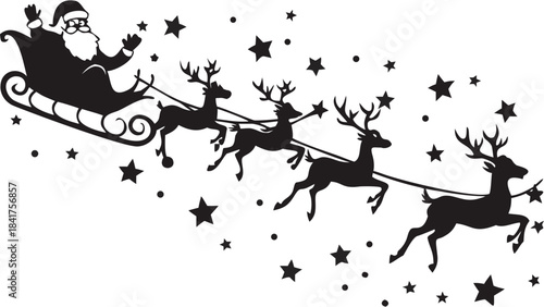 Silhouette of Santa Claus riding a sleigh pulled by reindeer across a starry night sky graphic