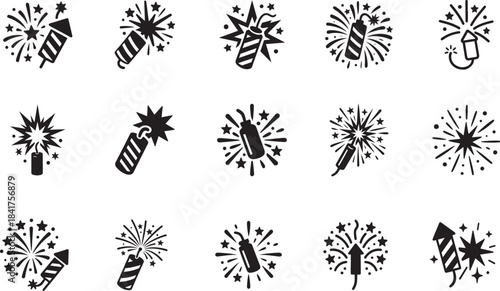 Firecracker and fireworks burst mixed silhouette icon set for bold festive celebration designs.