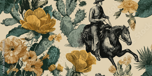 Vintage western vector repeating pattern with a cowboy riding a horse among desert flowers and cactus plants for design, home decor, and authentic branding