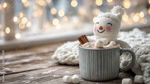 Cup of Hot Chocolate with Cinnamon Sticks and Snowman
